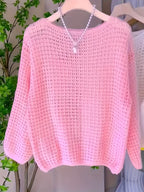 Women's New Spring/Summer Hollow-Out Solid Color One-Shoulder Pullover Knitwear, Casual Style Outer Cover-Up Shirt - Pink Color