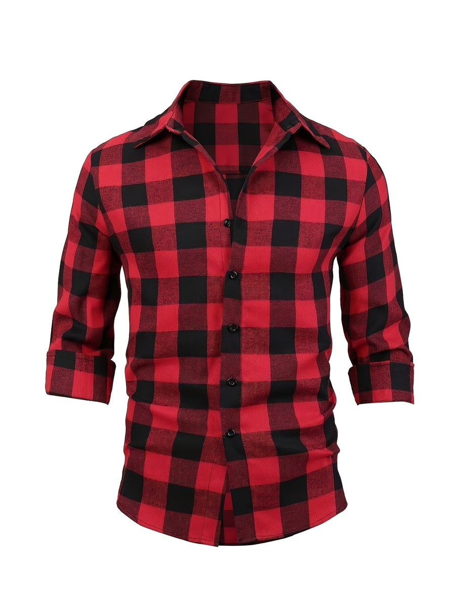 Men's Classic Red Plaid Lapel Shirt, Long-Sleeve Fashion Top for Spring and Autumn, Suitable for Outdoor Vacation Apparel and Daily Wear - Red And Black Grid