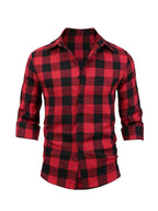 Men's Classic Red Plaid Lapel Shirt, Long-Sleeve Fashion Top for Spring and Autumn, Suitable for Outdoor Vacation Apparel and Daily Wear - Red And Black Grid