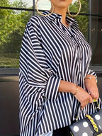 Women'S Striped Print Front Short Back Long Casual Long Sleeve Shirt - Black And White Color
