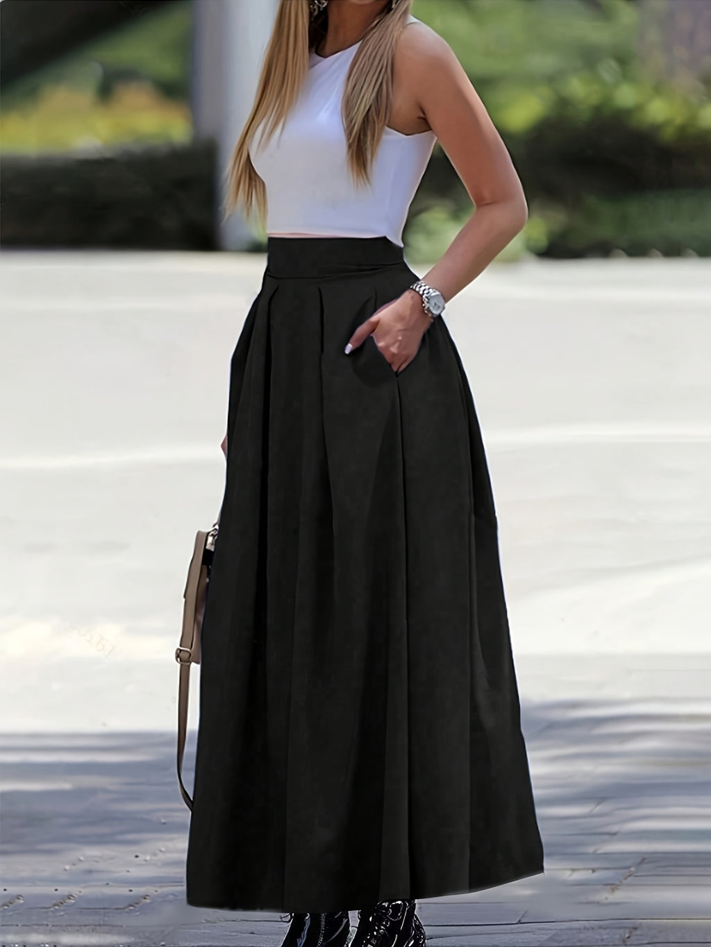 Women'S Solid Color Long Skirt | Casual High-Waist A-Line Skirt with Flowy Design for All Seasons - Black