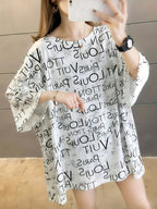 Women's Oversized Casual T-Shirt - Summer Loose Fit Longline Top with Bold Letter Print, Round Neck Short Sleeve, Medium Stretch Fabric, Machine Washable for Spring Summer Fall, Ladies T Shirts, Casual Attire, Trendy Graphic Tee, Stretchy Fabric Tee - White