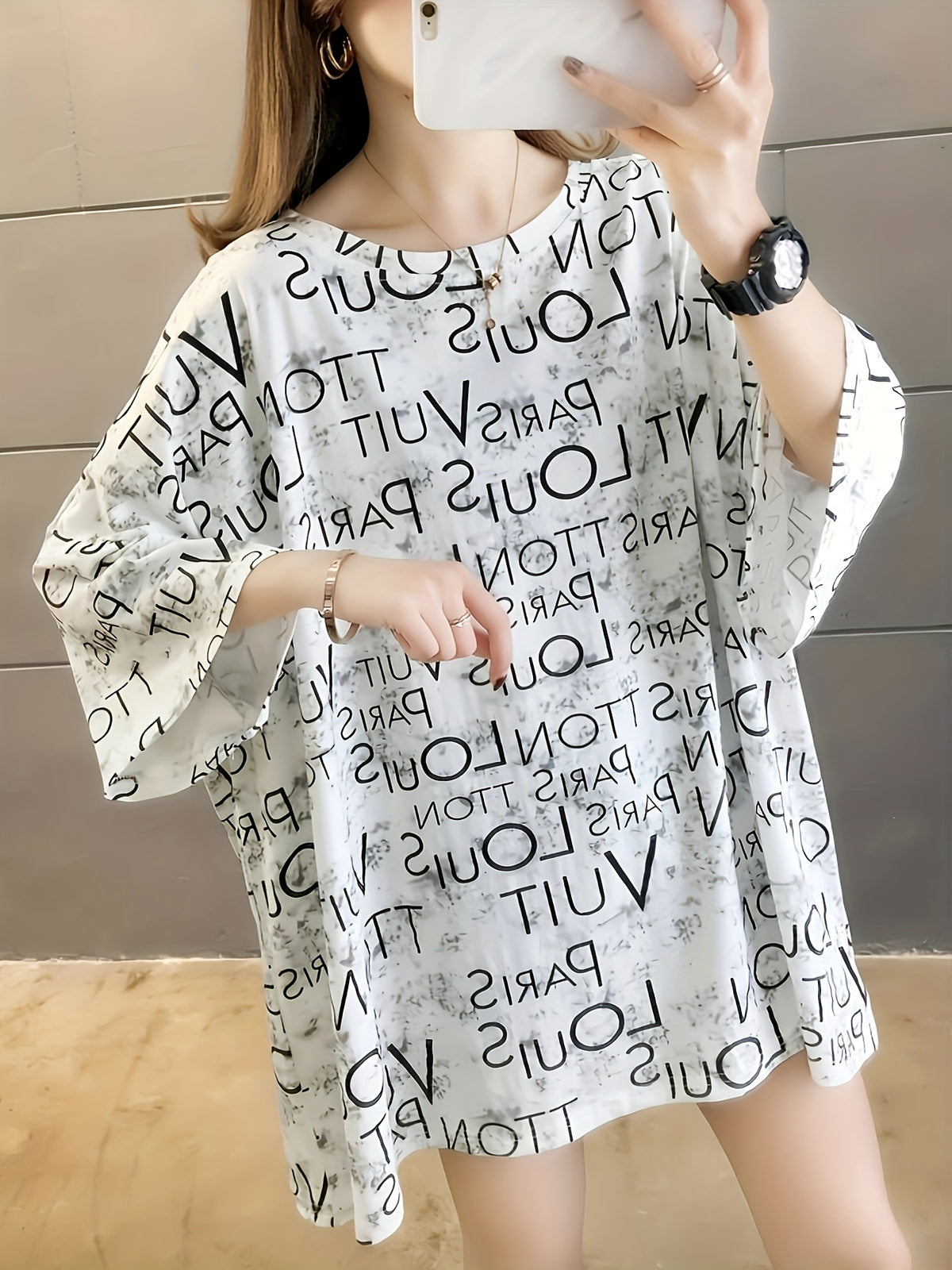 Women's Oversized Casual T-Shirt - Summer Loose Fit Longline Top with Bold Letter Print, Round Neck Short Sleeve, Medium Stretch Fabric, Machine Washable for Spring Summer Fall, Ladies T Shirts, Casual Attire, Trendy Graphic Tee, Stretchy Fabric Tee - White