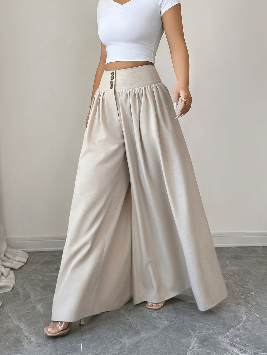 Elegant Buttoned Wide Leg Pants For Women | Solid Color, Loose Fit, Suitable For Spring/Summer/Fall - Apricot