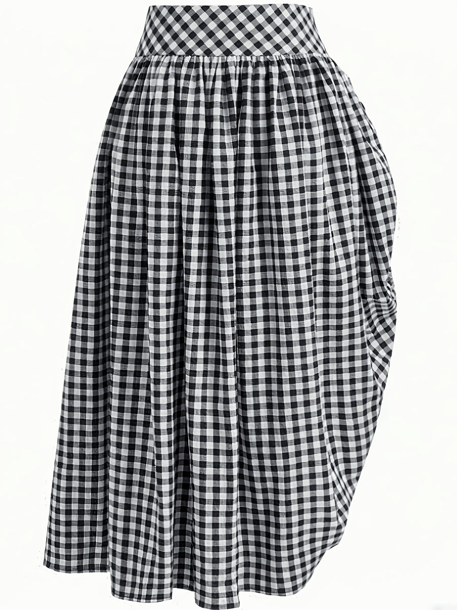 Women's French-Style Plaid Casual Ruffle Hem Drawstring Versatile Skirt, Suitable for Dates, Beach, and Other Occasions - Deep Grey