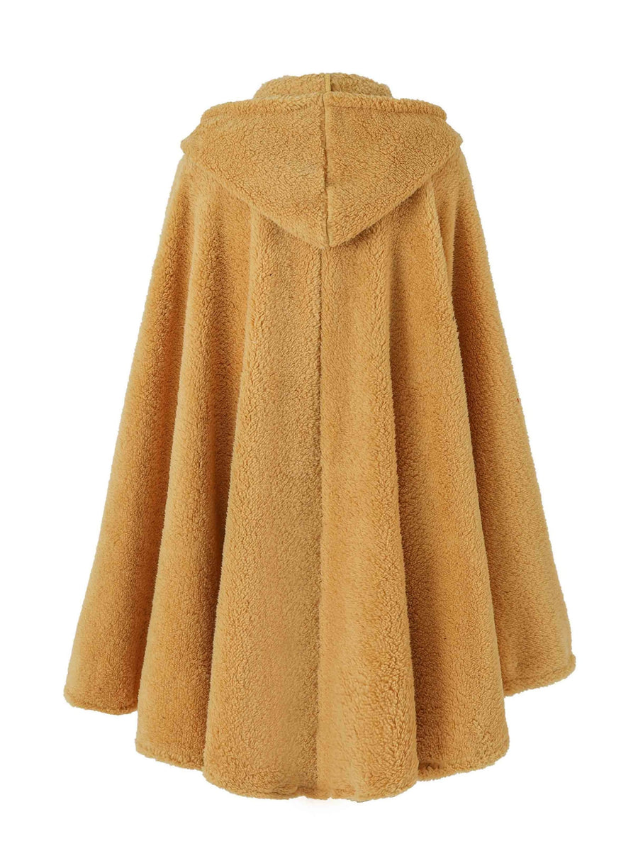 Plus Size - 1pc Faux Horn Button Size Free Solid Color Fashion Hooded Cape - ginger-colored