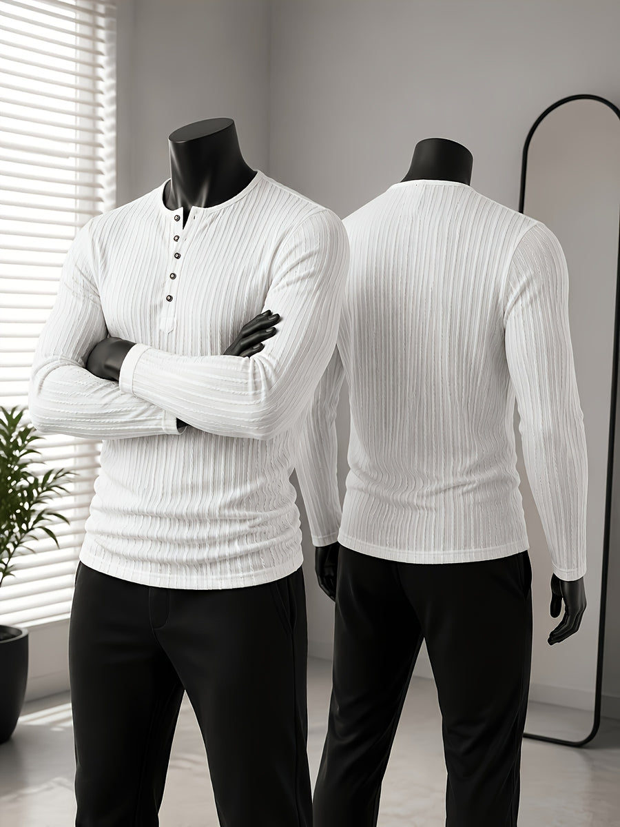 Men's Fashion Top T-Shirt, Autumn Winter Casual Textured Fabric Solid Color Knit Crew Neck Button Long Sleeve Henley Shirts - White