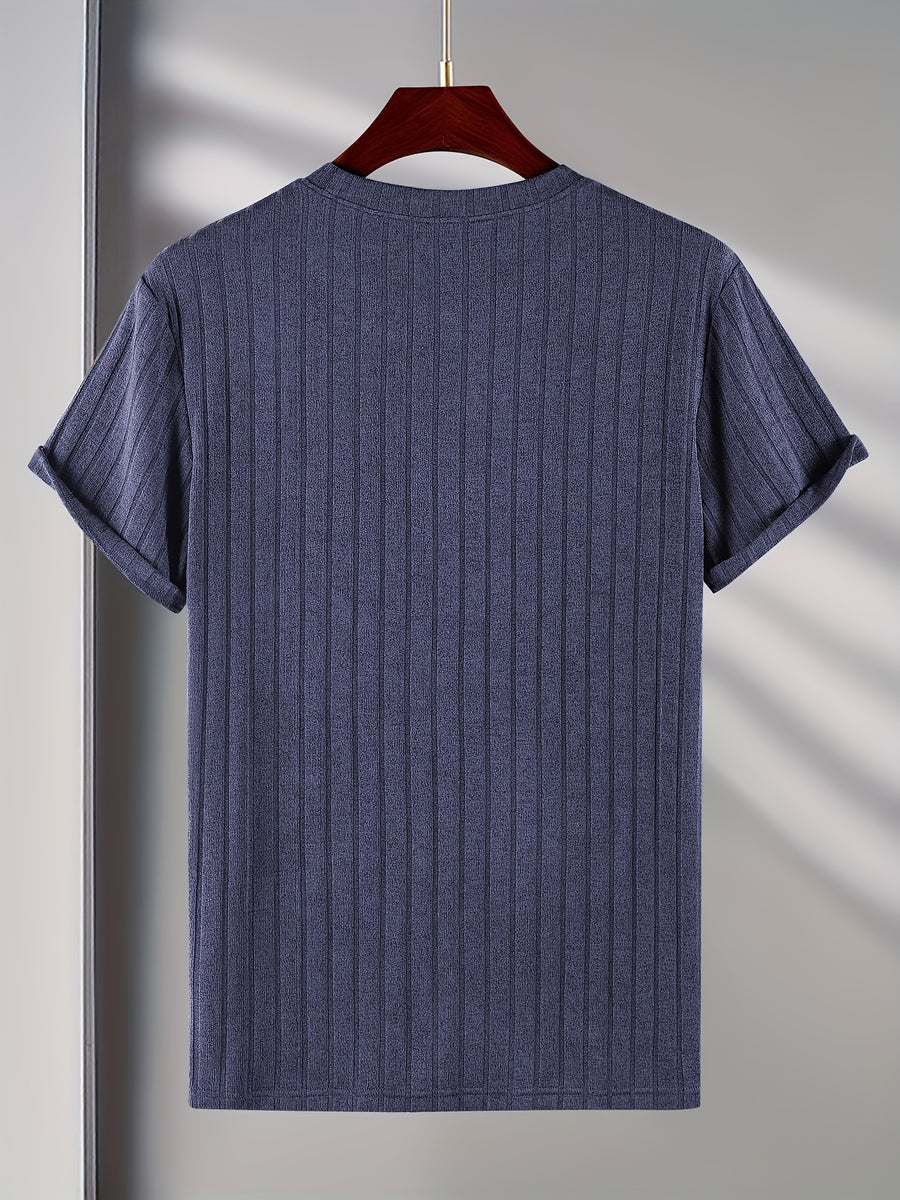 Josh Rose OBM Men's Short Sleeve T-Shirt, Summer Breathable Crew Neck Knitted Jacquard Casual Fashion Outerwear, Comfortable High-Quality Men's Top - Grey