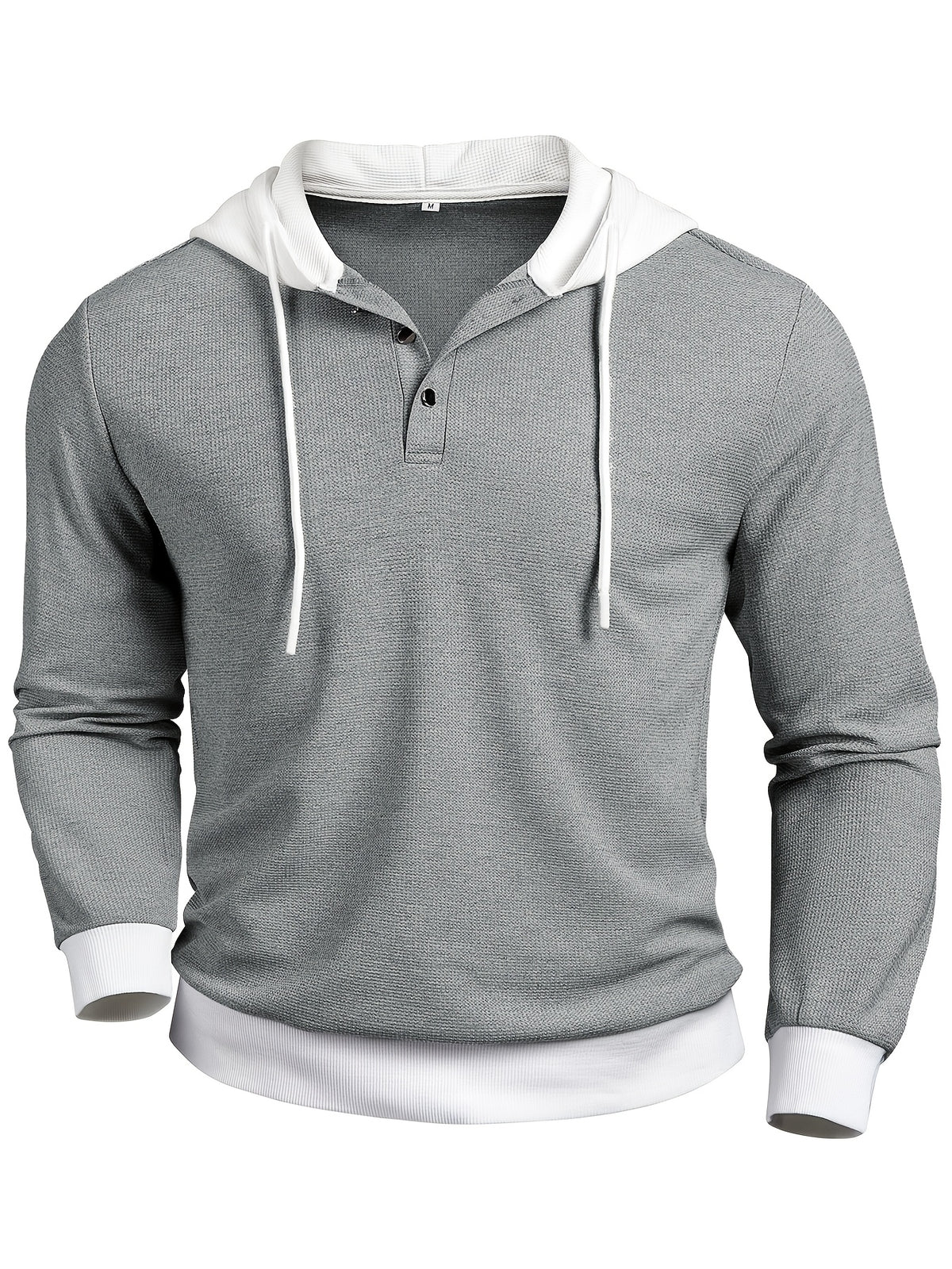 Men's Fall Winter Henley Shirt - Button-Front Placket Long Sleeve Sweater, Machine Washable Casual Button-Up Top for Everyday & Formal Outfits - Elegant Office Party Shirt, Textured Waffle Fabric - Light Grey