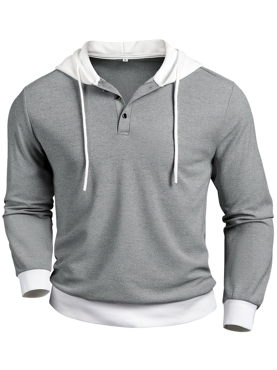 Men's Fall Winter Henley Shirt - Button-Front Placket Long Sleeve Sweater, Machine Washable Casual Button-Up Top for Everyday & Formal Outfits - Elegant Office Party Shirt, Textured Waffle Fabric - Light Grey