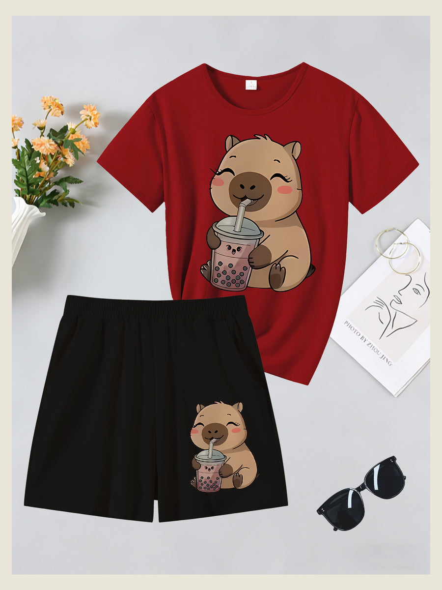 2pcs Women's Spring Summer Short Sleeve & Shorts Matching Outfit - Capybara Print Pajamas Gym Wear Sleepwear, Soft Breathable Pajamas, Valentine's Day Gift, Machine Washable 2pcs Set - Red+Black