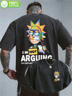 WB Warner Authorized, Men'S Vintage Distressed 100% Washed Round Neck T-Shirt, Multi-Colored Patchwork Rick with Fun Quotes Trendy Print Design, Loose Fit, Men'S Casual Versatile Loose T-Shirt, Suitable for Daily Wear And Outdoor Activities - Black
