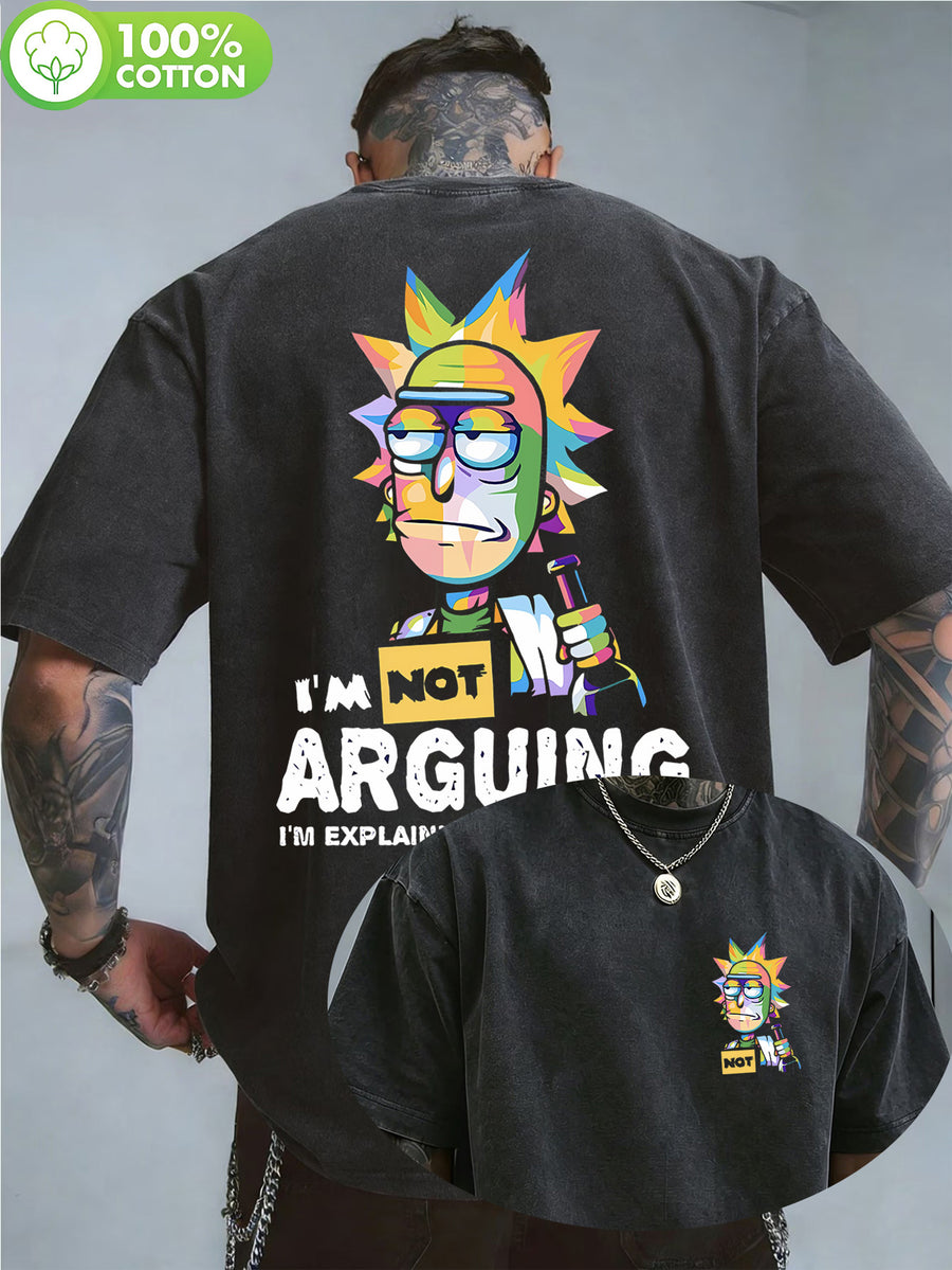 WB Warner Authorized, Men'S Vintage Distressed 100% Washed Round Neck T-Shirt, Multi-Colored Patchwork Rick with Fun Quotes Trendy Print Design, Loose Fit, Men'S Casual Versatile Loose T-Shirt, Suitable for Daily Wear And Outdoor Activities - Black