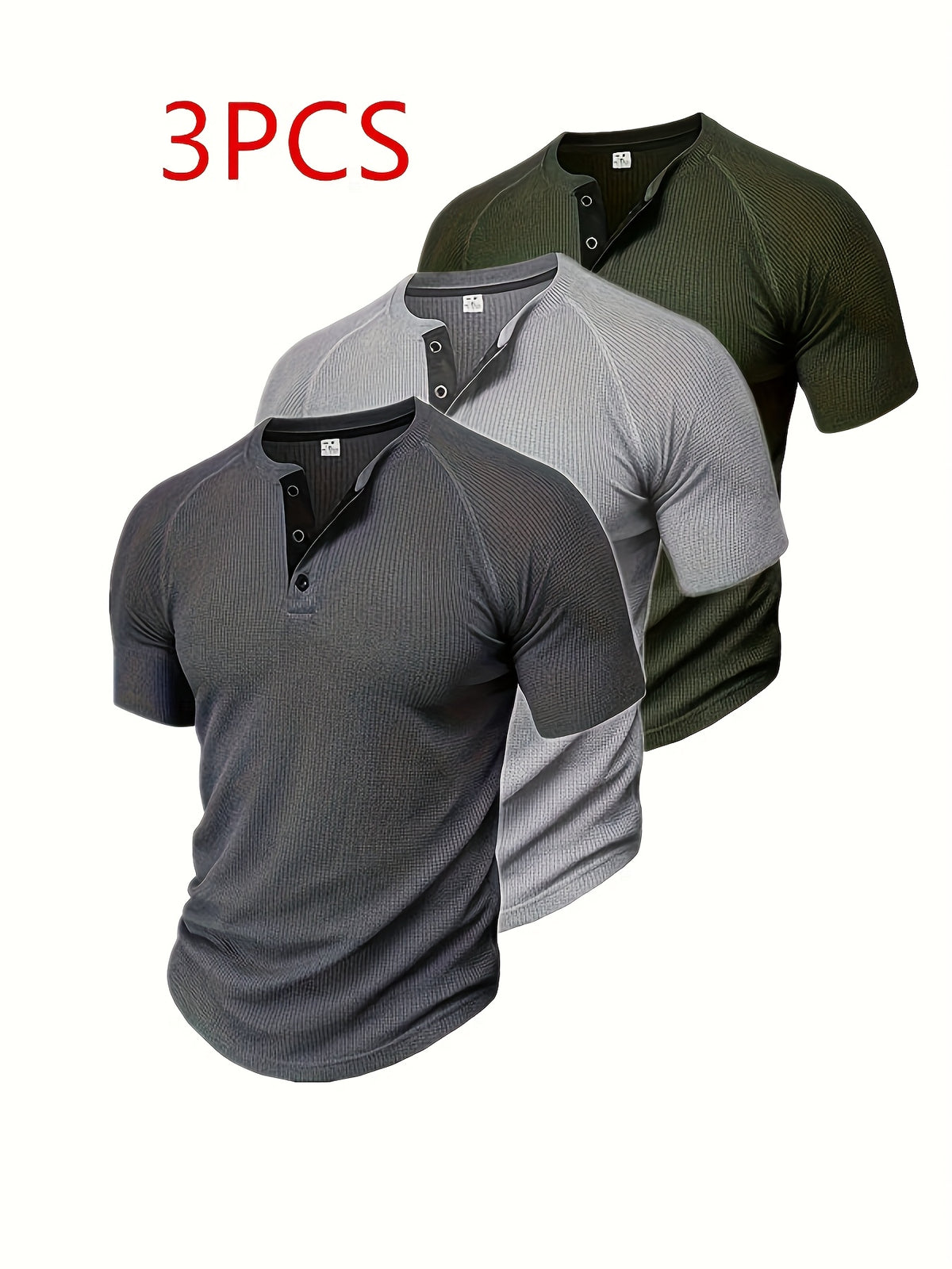 (Set of 3) Men'S Loose-Fitting Solid Color Henley Short-Sleeve, Round Neck Half-Button T-Shirt, Suitable for Outdoor Activities in Spring And Summer. - Dark Gray Light Gray Army Green