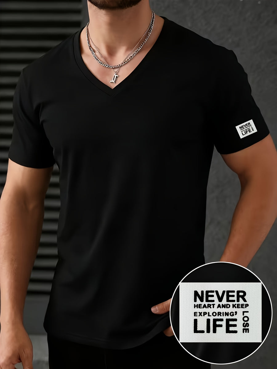 Men'S Patchwork V-Neck Short Sleeve T-Shirt, Suitable for Summer Outdoor Casual Wear, Casual Versatile Knit Top - Black 2