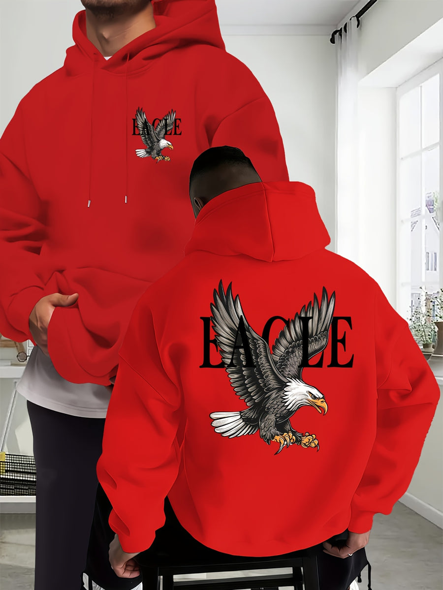 Eagle Men'S New Trendy Autumn And Winter Hoodie, Casual Everyday Drawstring Sweatshirt with Creative Design Print, Featuring a Front Kangaroo Pocket, Unisex Top - Red