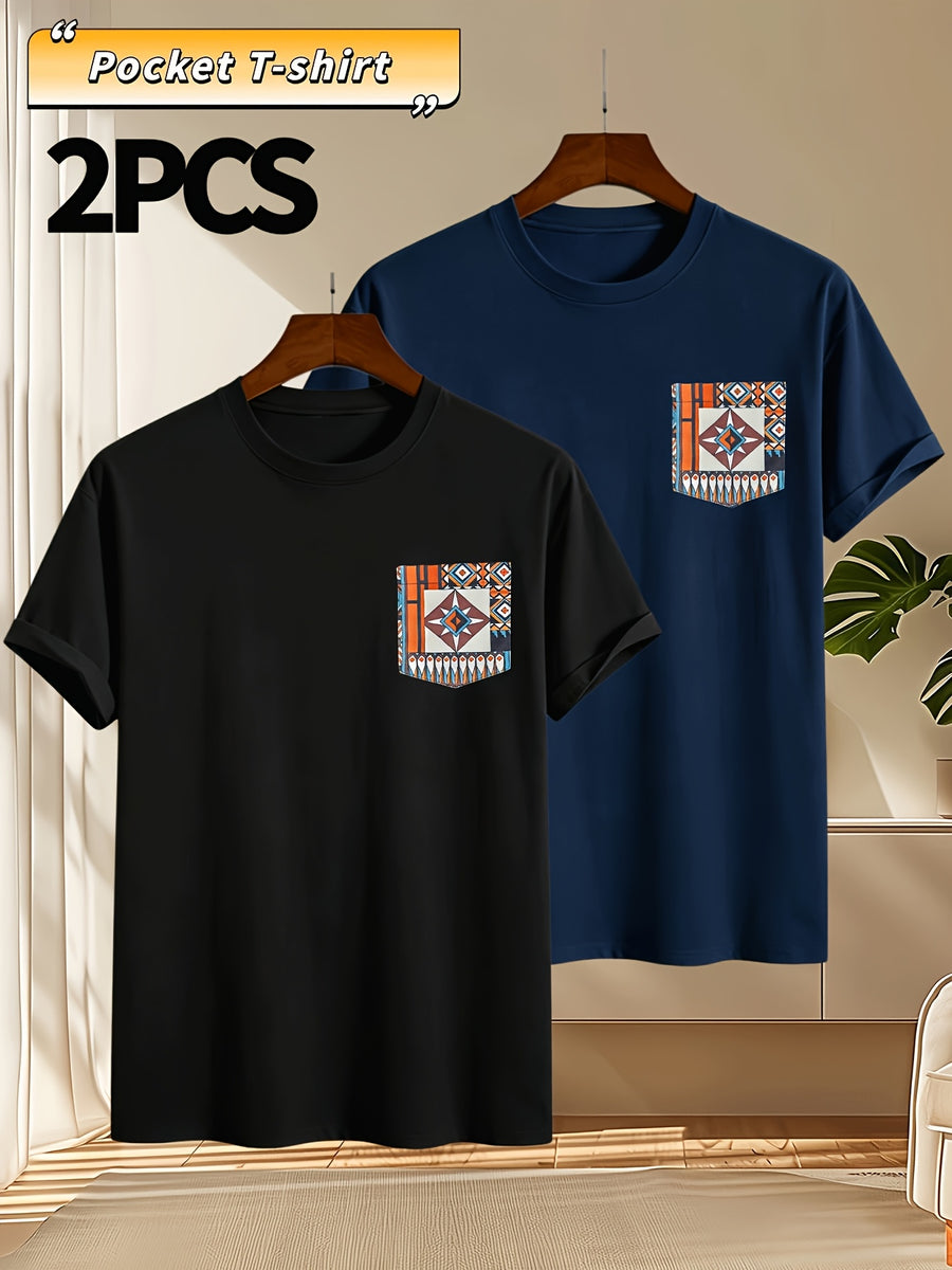2pcs Men's Round Neck Pocket Short-Sleeve T-Shirt, Suitable for Summer Outdoor Casual Wear, Versatile Casual Knit Top, Men's Casual Pocket Design Sport T-Shirt - Black + Navy Blue