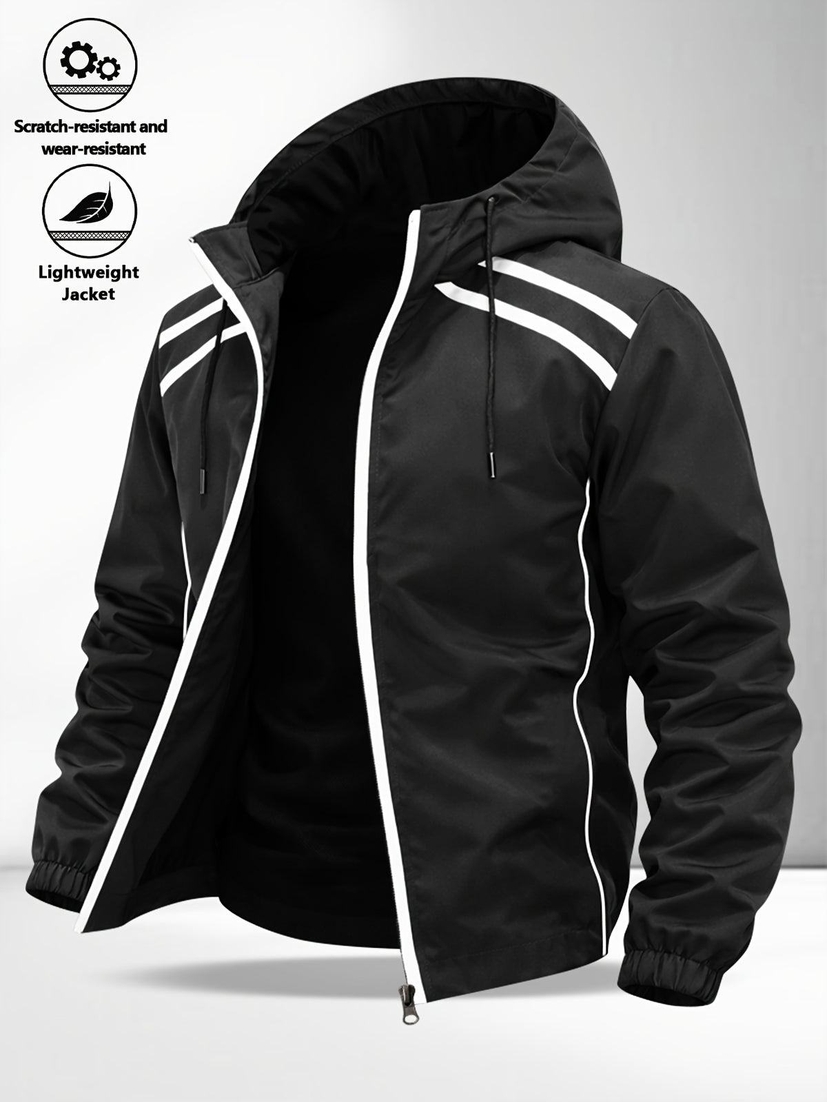 Men'S Multi-Color Racing Style Reflective Stripe Hooded Jacket, And Wear-Resistant Fabric, Multi-Pocket Design, Street Techwear Style, Casual Outing And Commute - Black