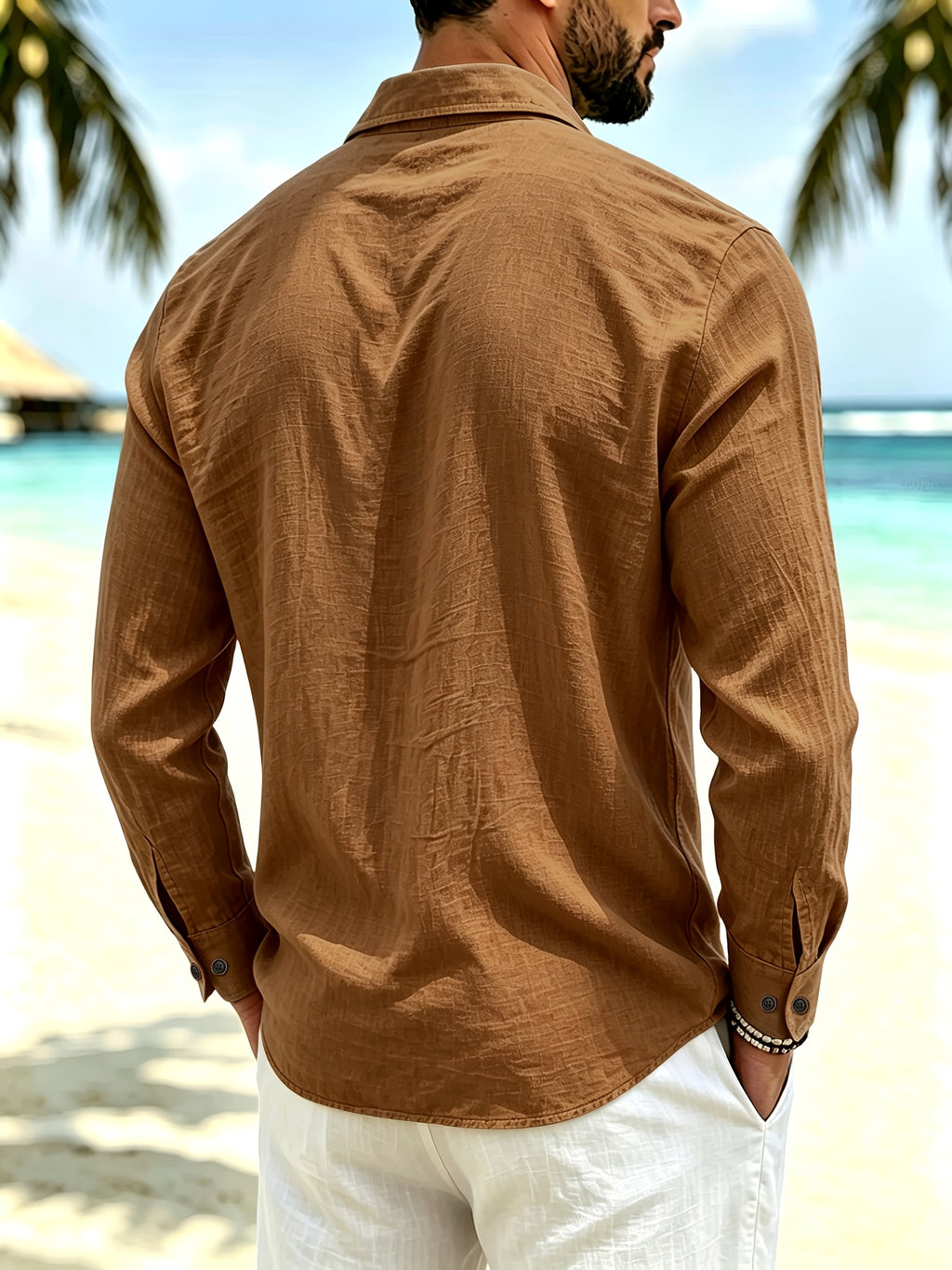 Spring/Autumn Men'S Henley Shirt Linen Long Sleeve, Comfortable And Breathable Fabric, Suitable for Daily Outings, Outdoor Sports, Travel, And Vacation, Lightweight And Breathable Regular Fit with Chest Pocket And Buttoned Cuffs, Ideal for Beach - Light Brown-1