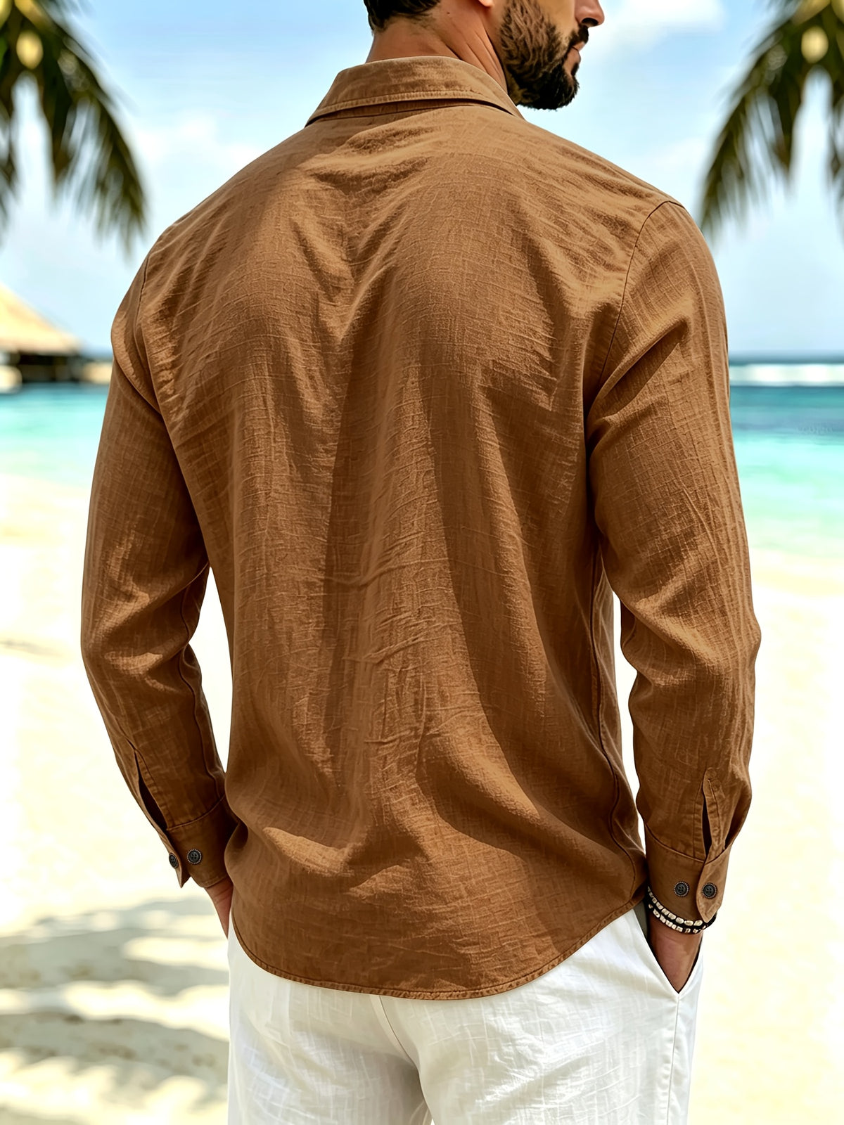 Spring/Autumn Men'S Henley Shirt Linen Long Sleeve, Comfortable And Breathable Fabric, Suitable for Daily Outings, Outdoor Sports, Travel, And Vacation, Lightweight And Breathable Regular Fit with Chest Pocket And Buttoned Cuffs, Ideal for Beach - Light Brown-1