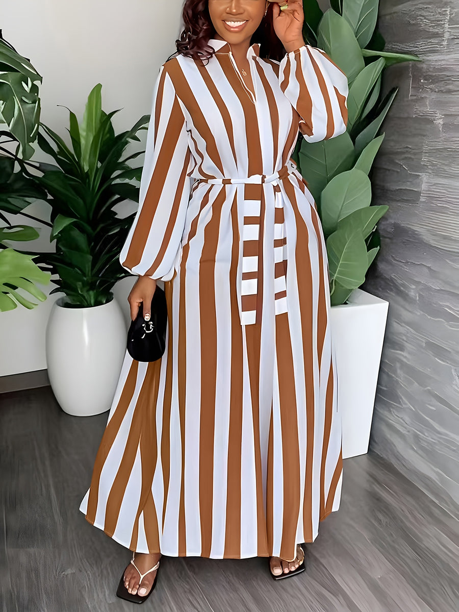 Striped Print V-Neck Dress | Long Sleeve, Belted, Casual Style, Suitable for Spring/Fall - Amber