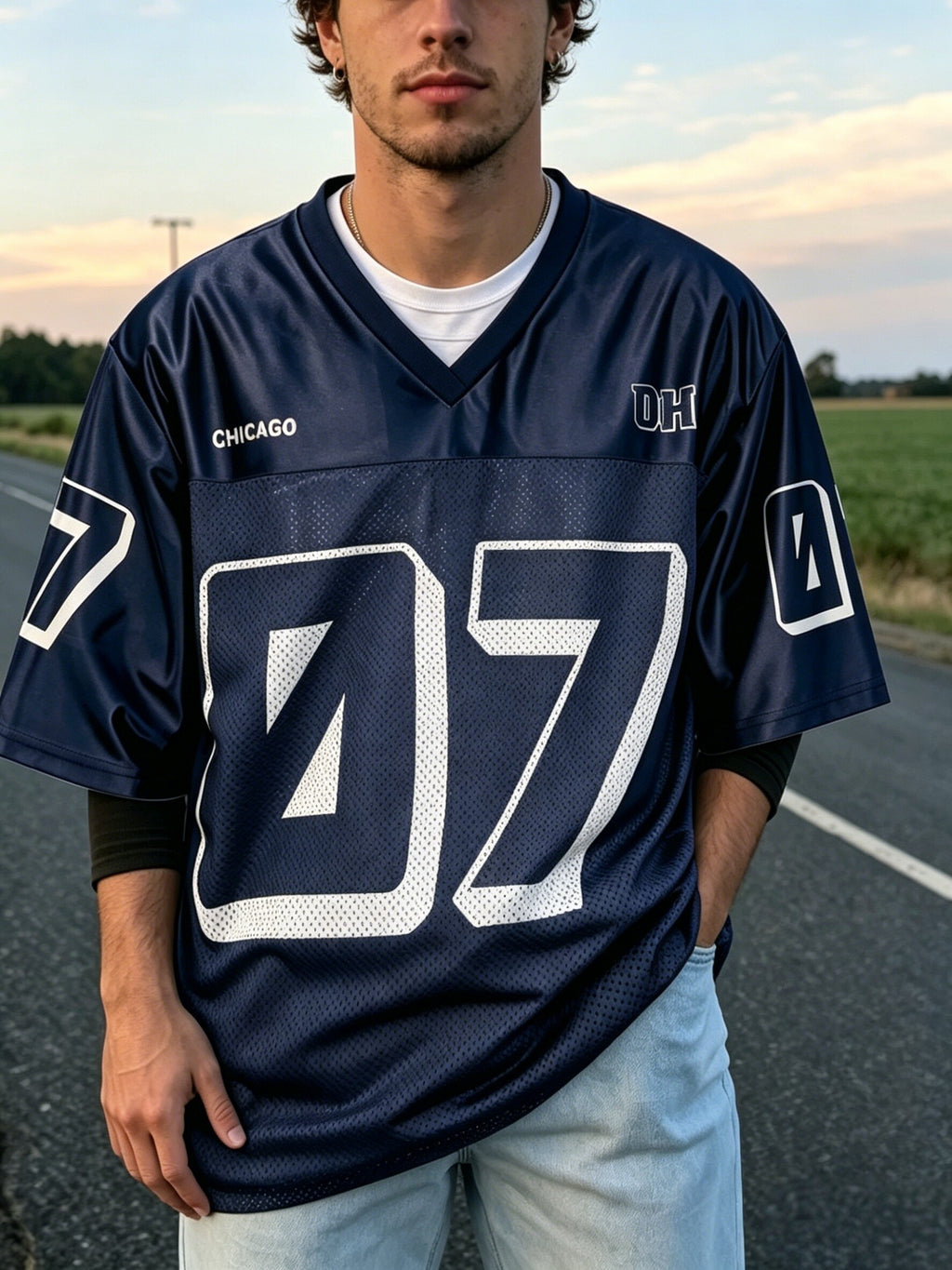 Men's American Vintage Street Style Number 07 Mesh Jersey, Breathable Quick-Dry Loose Drop-Shoulder Summer Outdoor Commuting Top - Blue