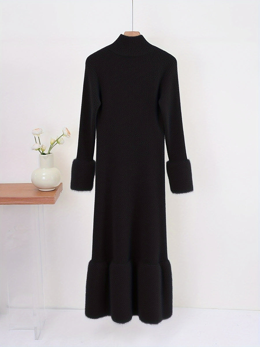 Modal Solid Color Waist Elegant Dress - Black