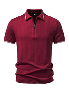 Joshmei OBM Men's Textured Jacquard Zipper Collar Polo Y Stretch T-Shirt Casual Style Polo Shirt - Burgundy