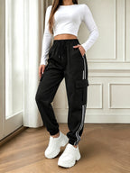 2026 New Striped Drawstring Elastic Waist Sporty Casual Women's Cargo Pants - Black