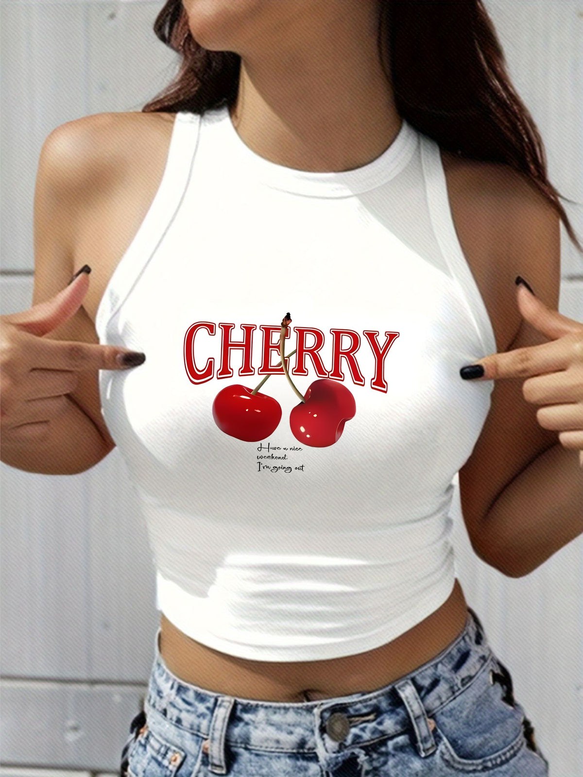 Women's Y2K Elegant Fashion Autumn/Summer Round Neck Tank Top, Cherry Print, Soft Fabric, Machine Washable Comfortable Knitwear, Trendy Four-Season Sexy Street Style, Popular Loose-Fit Comfortable Multi-Color Breathable Trendy Casual Top - White