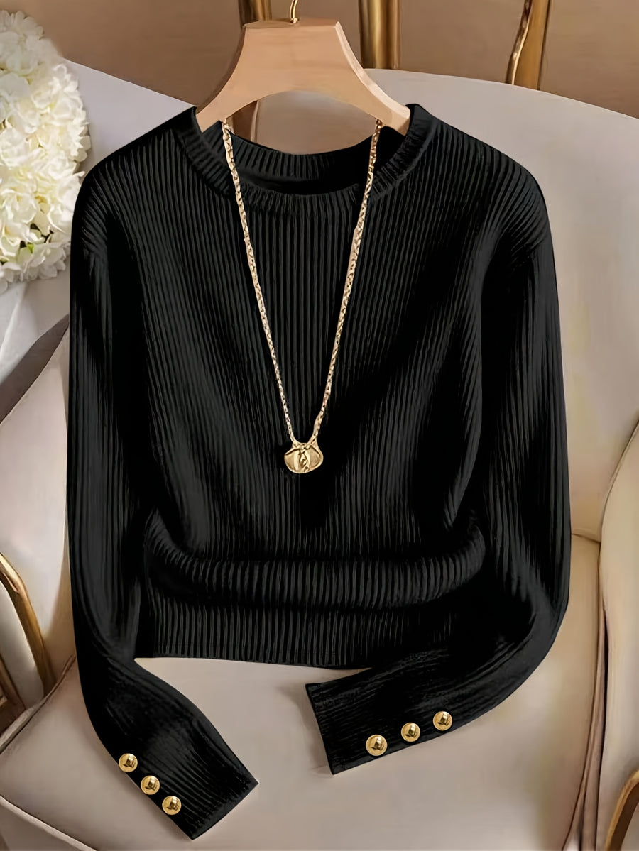 Women's Solid Color Elegant Round Neck Metal Button Decor Long Sleeve T-Shirt, Simple Fashion Top, Dignified and Delicate, Suitable for Spring and Autumn, Vintage Fashion, Elegant Commute, for Daily Wear, Office Wear, Party, Wedding, Holiday Wear - Black
