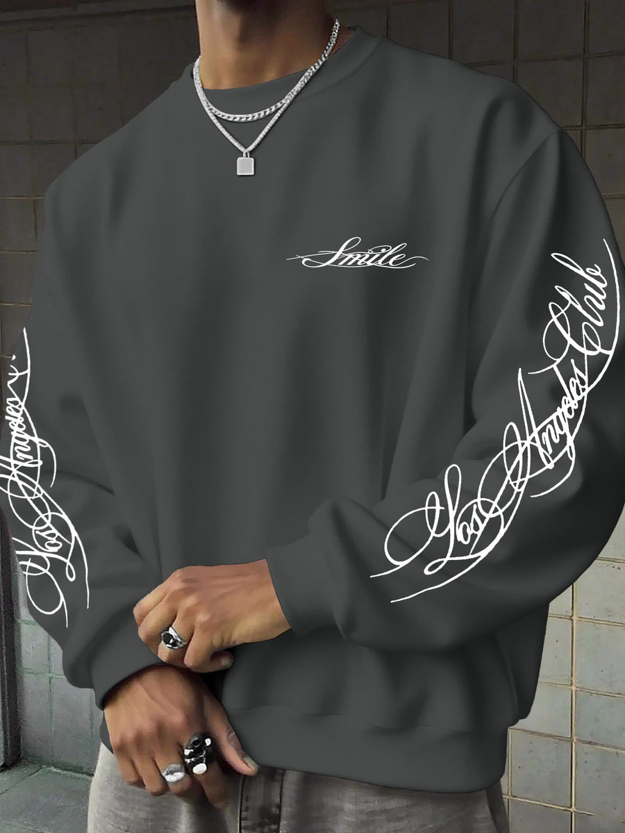 Men's Street-Style Cool Fashion Crewneck Sweatshirt with Smooth Handwritten Font Print, for Daily Casual Trendy Wear - Dark Gray