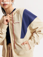 NO ONE ELSE Women's Hooded Sweatshirt Jacket for Spring/Autumn, Color Block Patchwork with Letter Embroidery - White Apricot