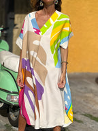 New Spring/Summer European, American, and Middle Eastern Fashion Women's V-Neck Printed Short-Sleeve Loose-Fit  Casual Outdoor Dress - Mixed colors