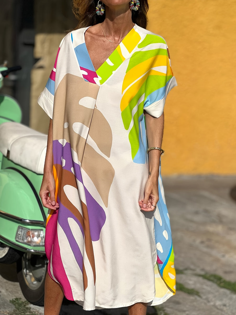 New Spring/Summer European, American, and Middle Eastern Fashion Women's V-Neck Printed Short-Sleeve Loose-Fit  Casual Outdoor Dress - Mixed colors