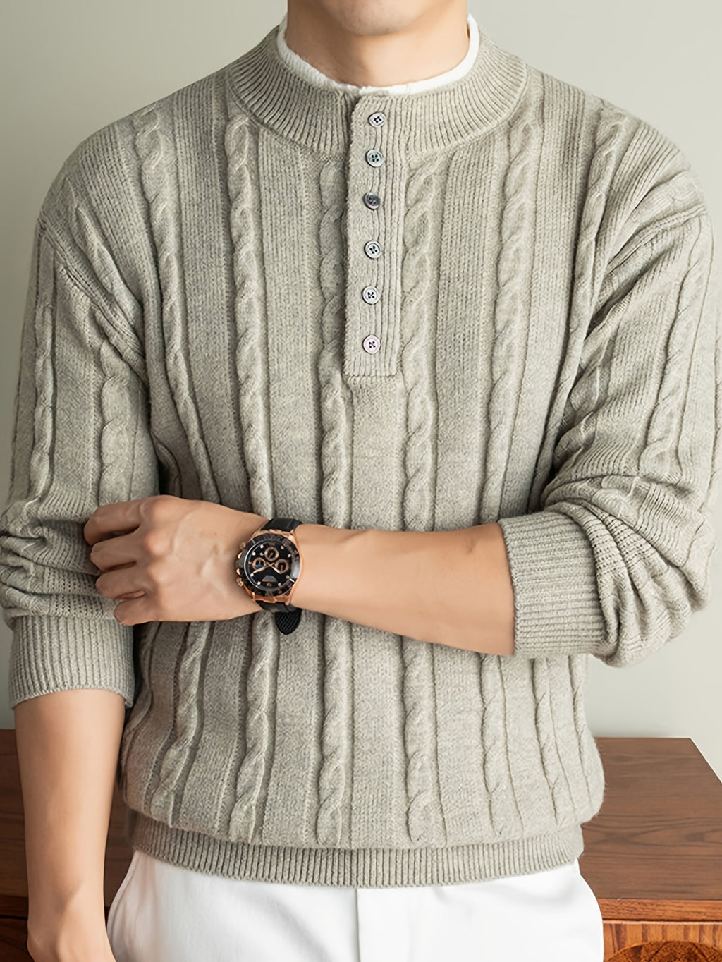 Men's 2-in-1 Look Henley Neck Cable Knit Sweater, Suitable for Commuting and Daily Wear, Ideal for Wearing Alone in Spring and Autumn, or as a Layering Piece in Winter. -SINBOS - Apricot Flower