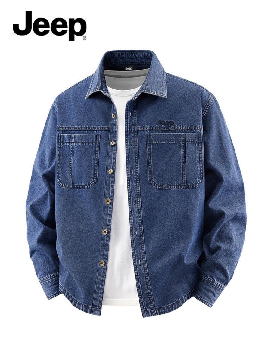 Jeep Cotton Denim Long Sleeve Shirt for Men Embroidered Logo Lapel Button Double Chest Pockets Wrinkle-resistant Stylish Light Business Casual - Light Blue