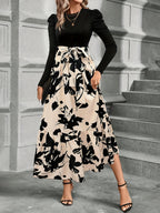 Spring And Autumn Style Women'S Floral Print Puff Sleeve Tie-String Long Sleeve Dress - Black