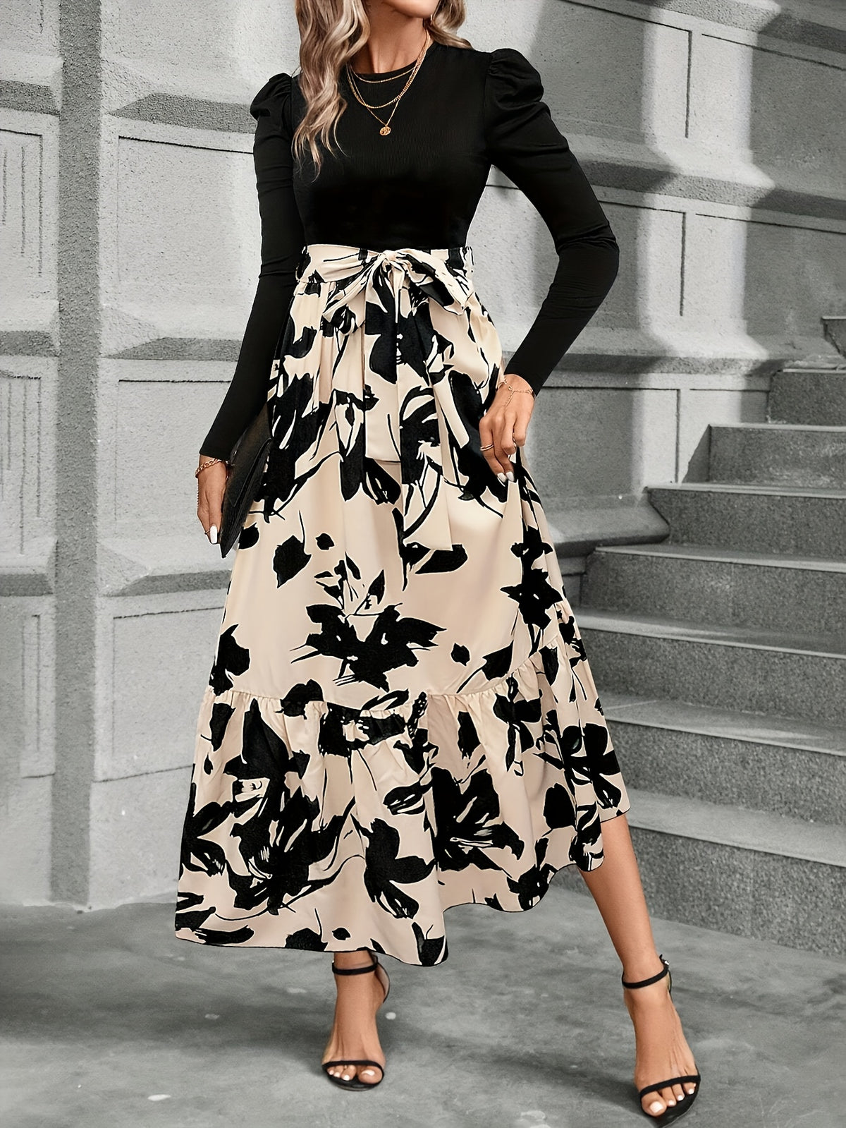 Spring And Autumn Style Women'S Floral Print Puff Sleeve Tie-String Long Sleeve Dress - Black