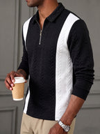 1 Men's Cable Knit Textured Color-Block Half-Zip Long Sleeve Polo Shirt, Color-Block Raglan Striped Patchwork Lapel Half-Zip Pullover Top, Spring/Autumn Regular Lapel Long Sleeve Polo Top, Suitable for Outdoor Leisure, Commuting, Dating - Black and White
