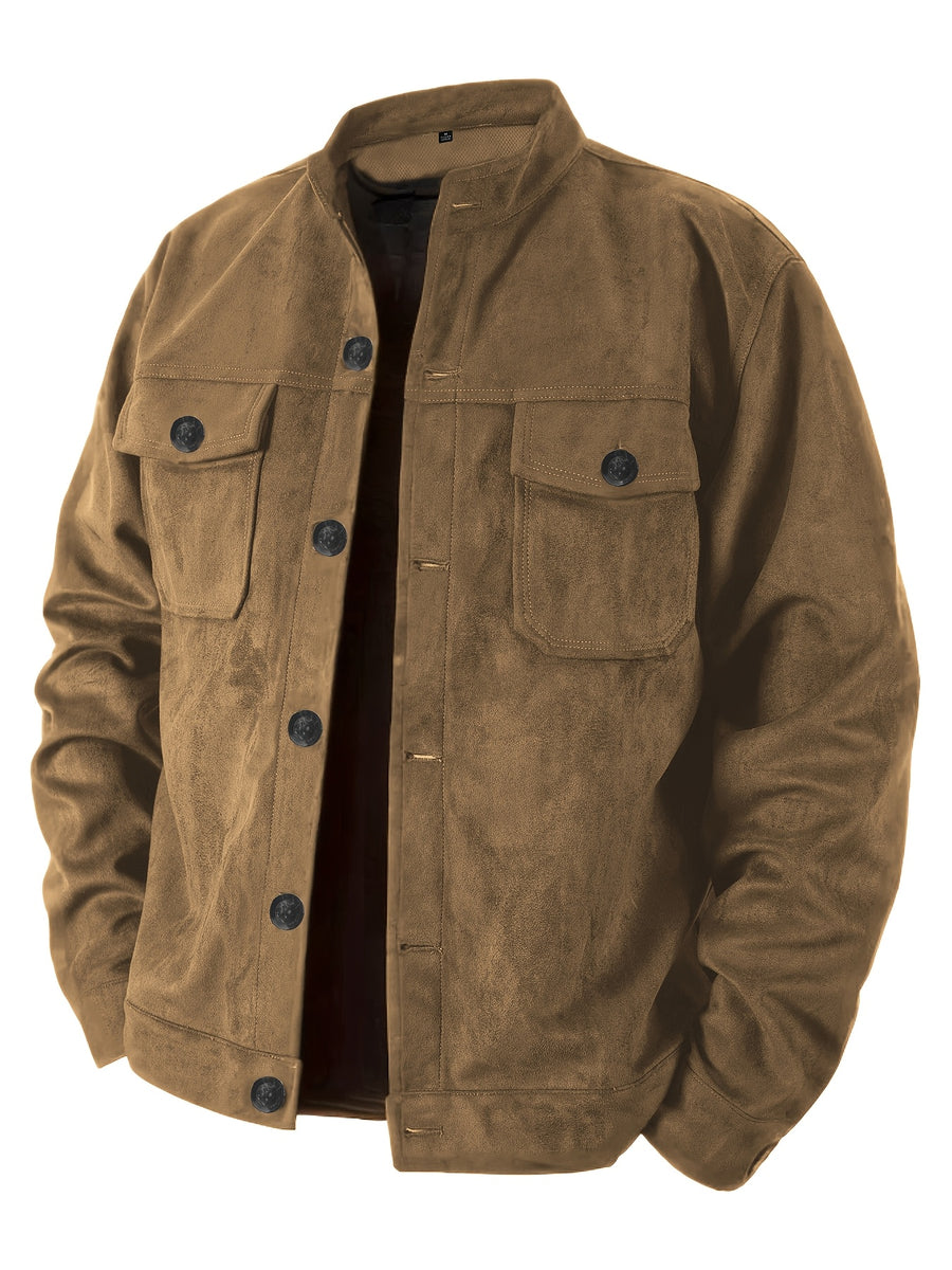 Men'S Casual Jacket with Pockets, Versatile Long-Sleeved Stand Collar Button Coat, Transitional Outerwear - 【Brown】