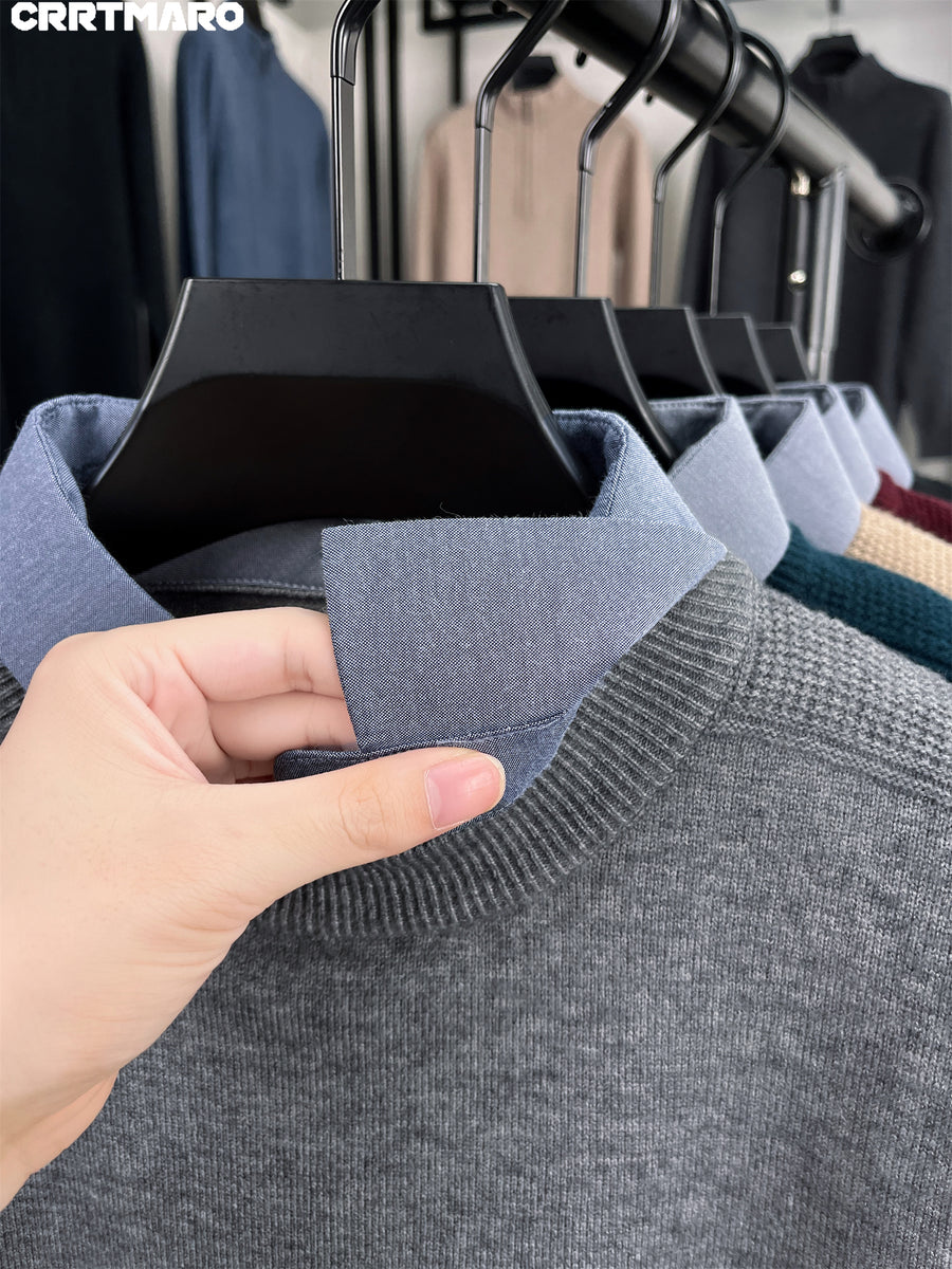 Katemar CRRTMARO Autumn/Winter Knitted Three-Dimensional Solid Color Lapel Sweater Basic Pullover Knitwear Men's Fashion Knitwear Short Sleeve JAE - Grey