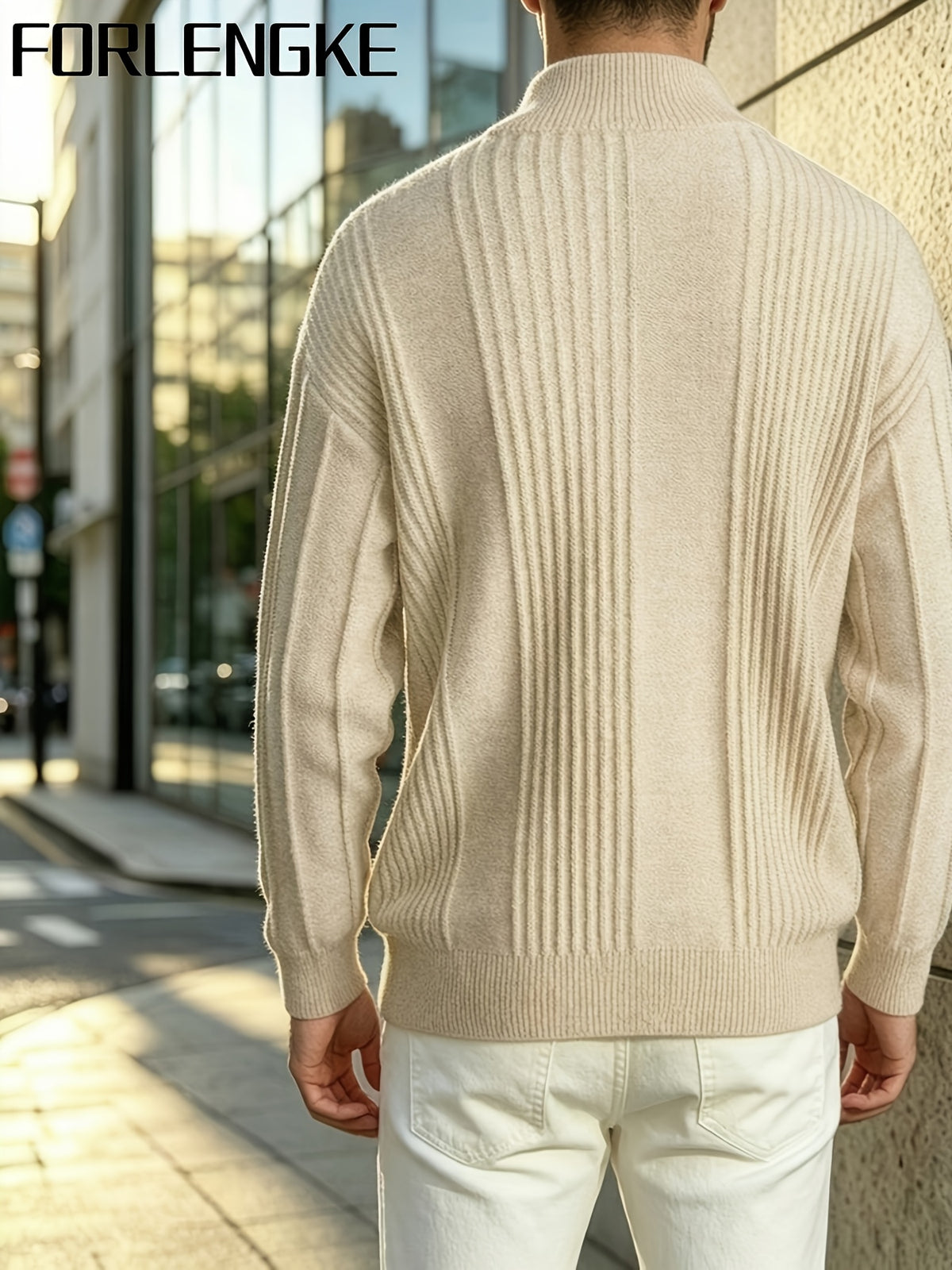 FORLENGKE Men'S Business Casual Stand Collar Full Zip Vertical Ribbed Knit Cardigan, Soft Thick Loose Long Sleeve Sweater Jacket for Fall Winter Office Daily Wear - Apricot