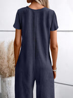 Women's Fashion Casual Waffle Button-Up Short Sleeve Jumpsuit with Dual Pockets - Navy Color