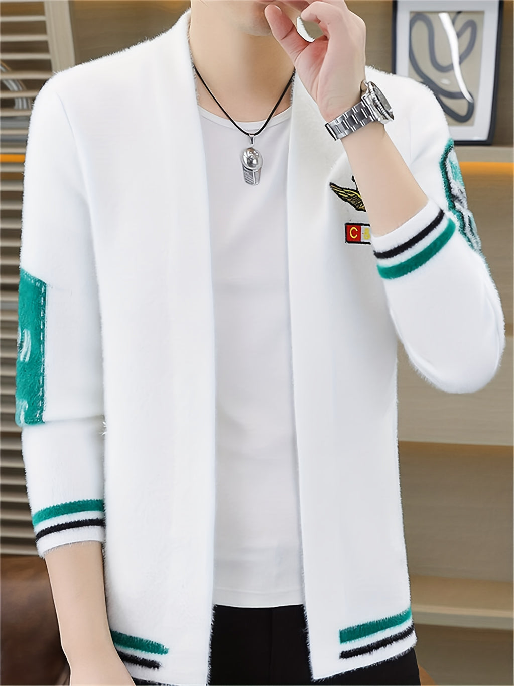 Yun Sui Nian OBM New Spring Men's Knitted Cardigan, Collarless Knit Sweater, Unique and Fashionable Style, Creates a Casual and Stylish Atmosphere, Men's Gift, Easter Gift - White