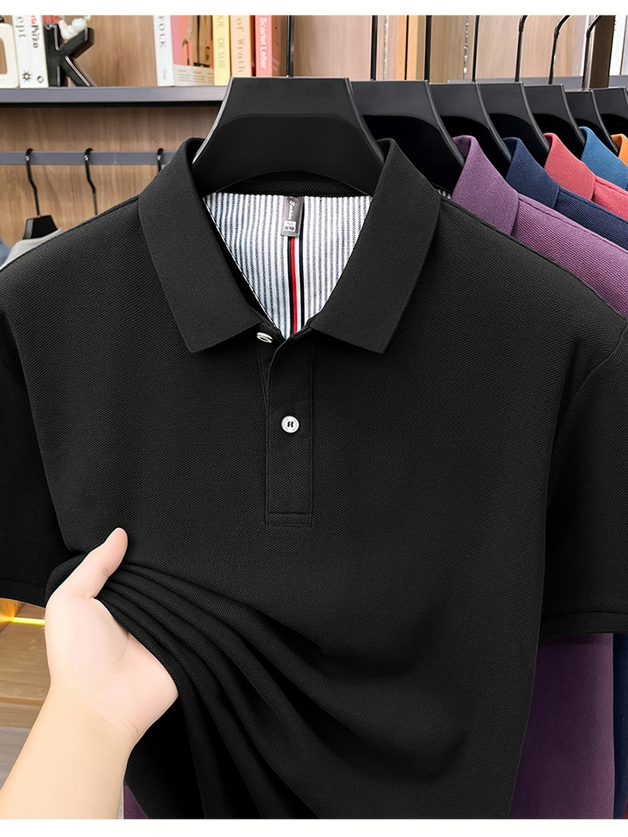 Men's Multi-Color Summer Pearl-Spun Mesh Long-Sleeve Polo Shirt with Contrast Lining and Lapel, Solid Color Simple Design, Skin-Friendly and Breathable, for Business Commuting, Daily Outings, Fishing Leisure, Mid-Life Men's Top - Black