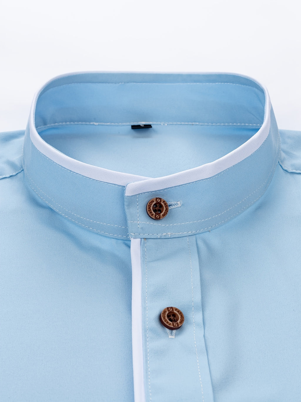 Men'S Short-Sleeved Shirt, Henley Collar/Stand-Up Collar Design, Placket Splicing Contrast Color Design - Light Blue