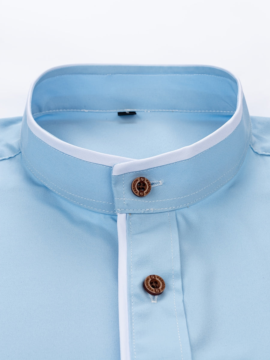 Men'S Short-Sleeved Shirt, Henley Collar/Stand-Up Collar Design, Placket Splicing Contrast Color Design - Light Blue