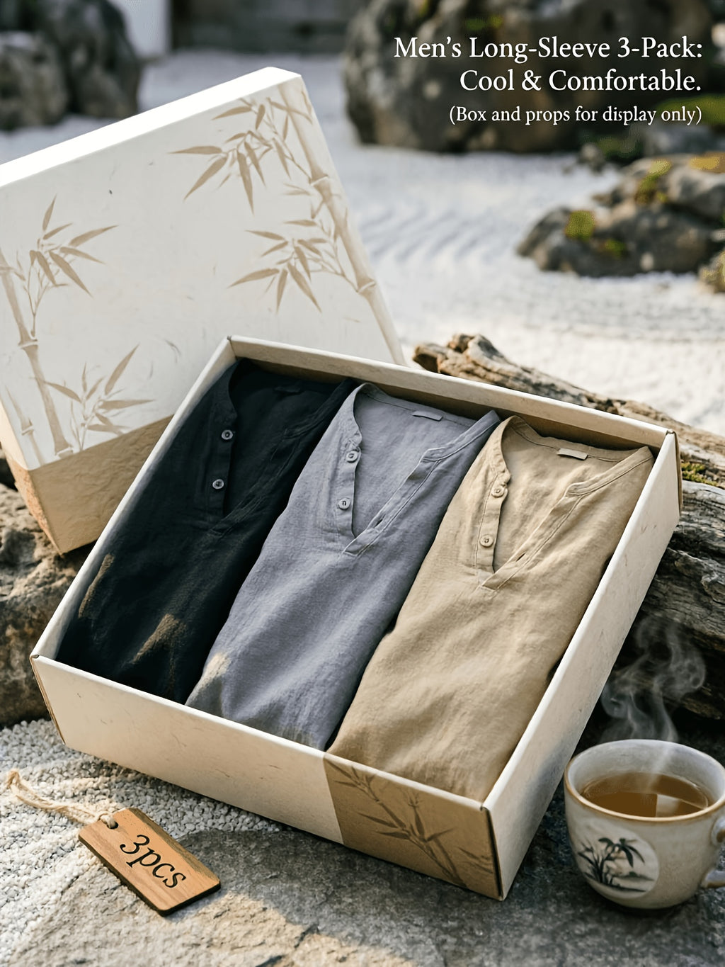 Men'S Linen Long-Sleeve 3pcs, Breathable Henley Neck Loose Fit T-Shirts for Spring And Autumn, Versatile for Business Casual, Commuting, And Lounging. (Box And Props for Display Solely) - Black + Gray + Khaki