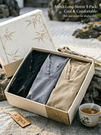 Men'S Linen Long-Sleeve 3pcs, Breathable Henley Neck Loose Fit T-Shirts for Spring And Autumn, Versatile for Business Casual, Commuting, And Lounging. (Box And Props for Display Solely) - Black + Gray + Khaki